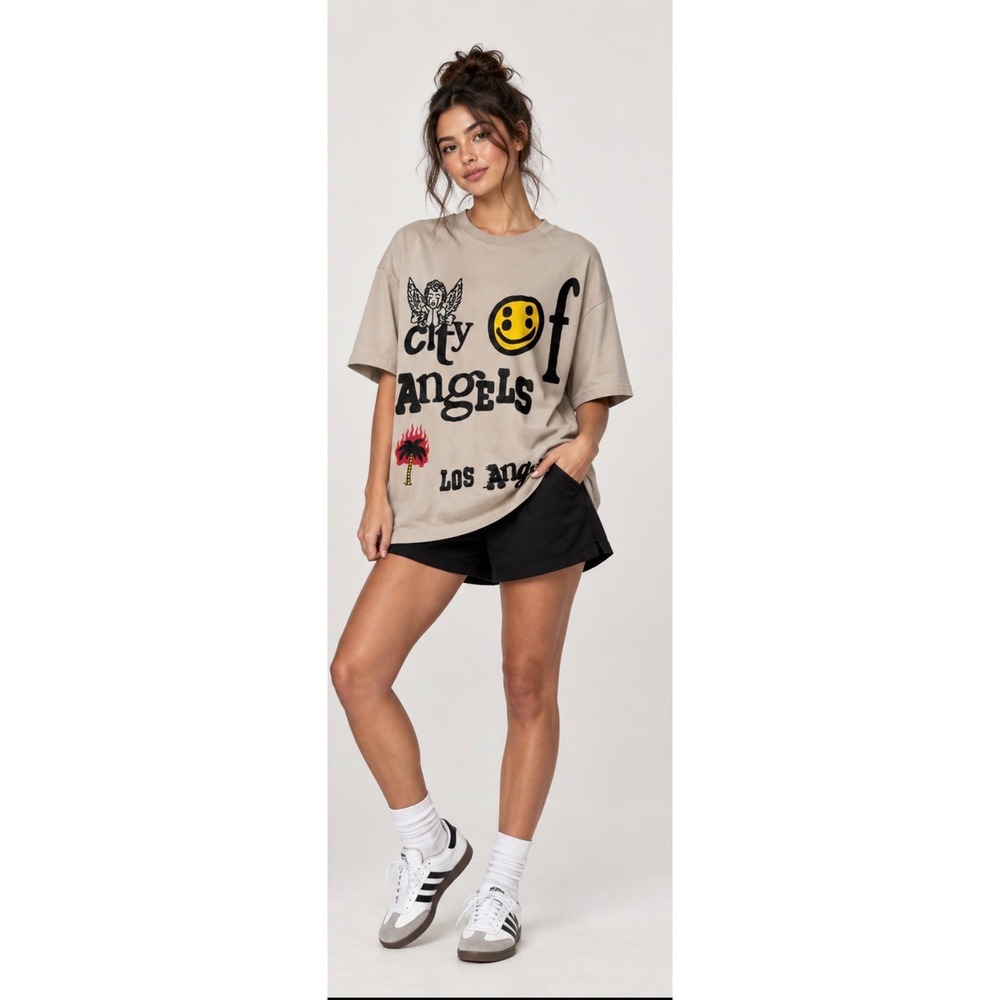 PacSun City of Angels T Shirt women M Tan Cotton Graphic Los Angeles Smiley Face